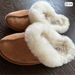 UGG Tan Suede Slippers with White Fur